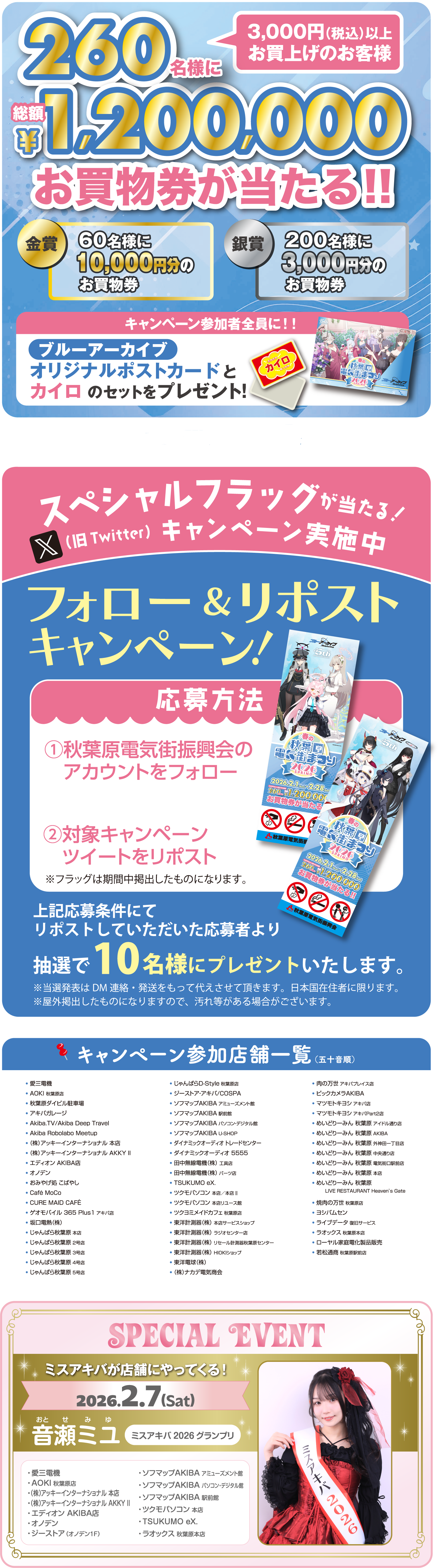 春の秋葉原電気街まつり対象店舗にて3,000円（税込）以上お買い上げのお客様、260名様に「総額1,200,000円分のお買い物券」が当たる！！